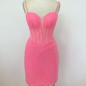 Handmade Vibrant Pink Sheer Wave Mini Dress